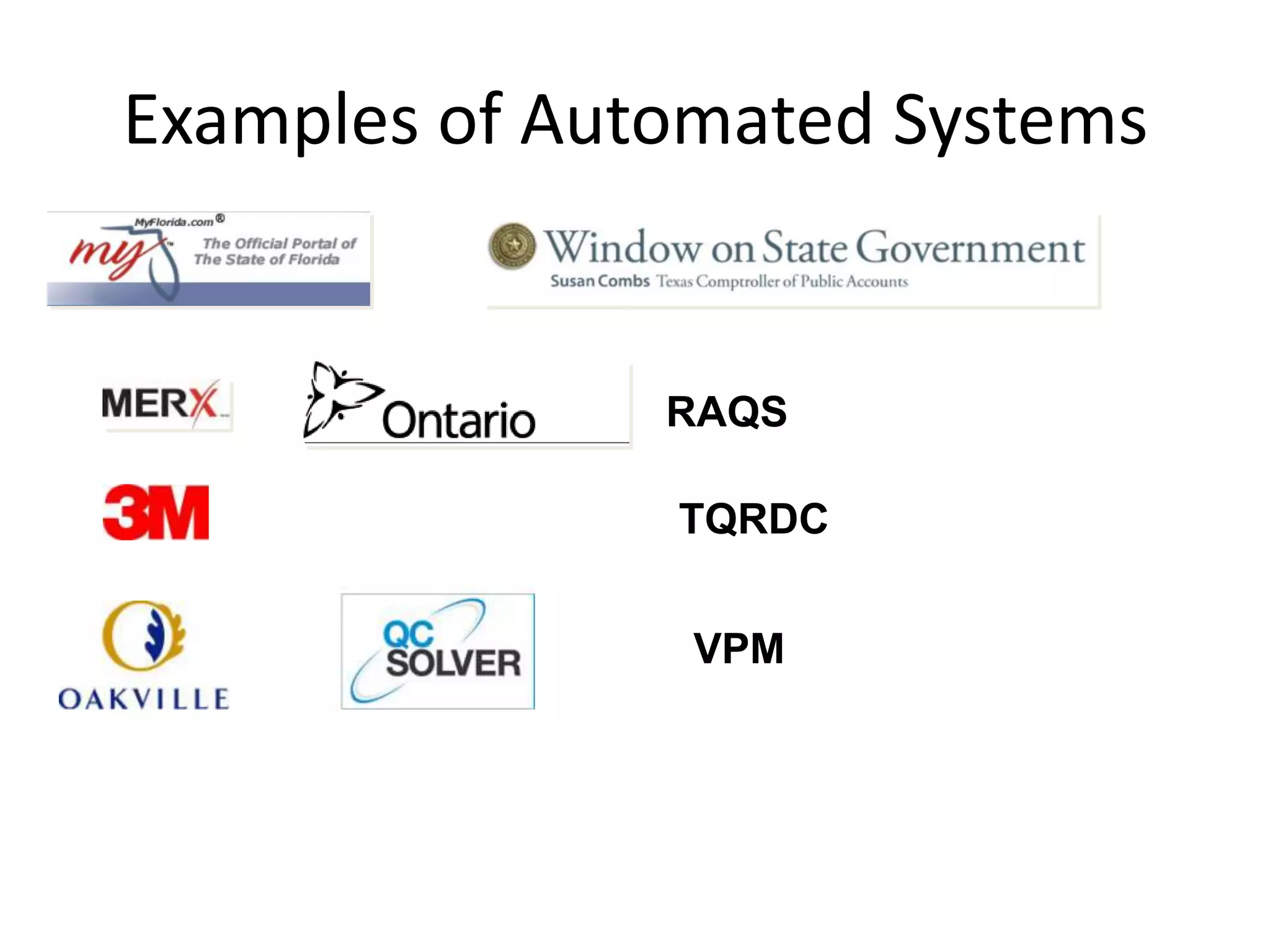 Examples of Automated Systems


               RAQS

               TQRDC


                VPM
 