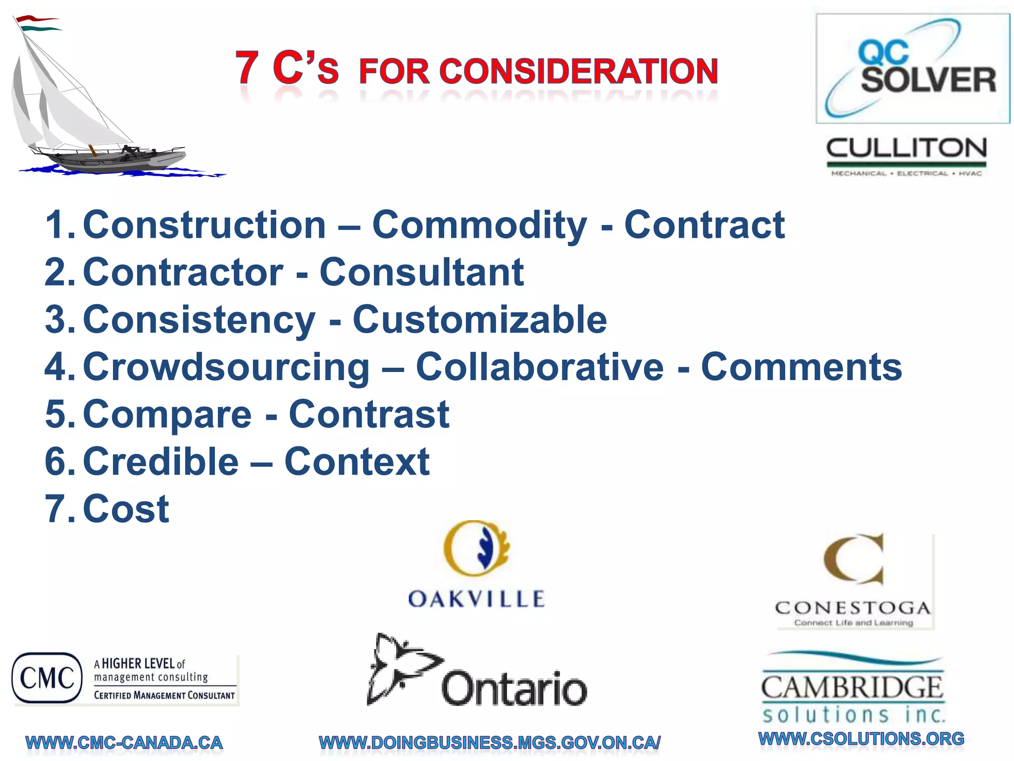 1. Construction – Commodity - Contract
2. Contractor - Consultant
3. Consistency - Customizable
4. Crowdsourcing – Collaborative - Comments
5. Compare - Contrast
6. Credible – Context
7. Cost
 