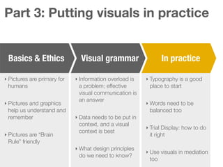 Basics & Ethics In practice
‣ Pictures are primary for
humans
‣ Pictures and graphics
help us understand and
remember
‣ Pictures are “Brain
Rule” friendly
Visual grammar
‣ Information overload is
a problem; effective
visual communication is
an answer
‣ Data needs to be put in
context, and a visual
context is best
‣ What design principles
do we need to know?
‣ Typography is a good
place to start
‣ Words need to be
balanced too
‣ Trial Display: how to do
it right
‣ Use visuals in mediation
too
Part 3: Putting visuals in practice
 
