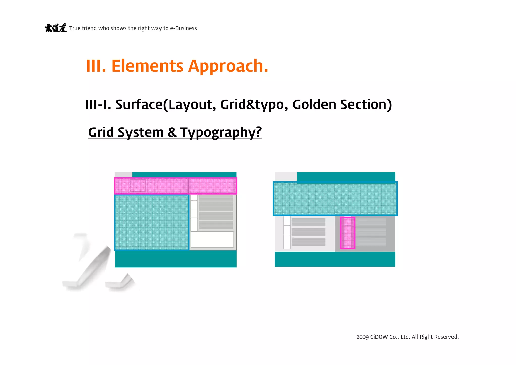 2009 CiDOW Co., Ltd. All Right Reserved.
True friend who shows the right way to e-Business
15 June 200912
III. Elements Approach.
III-I. Surface(Layout, Grid&typo, Golden Section)
Grid System & Typography?
 
