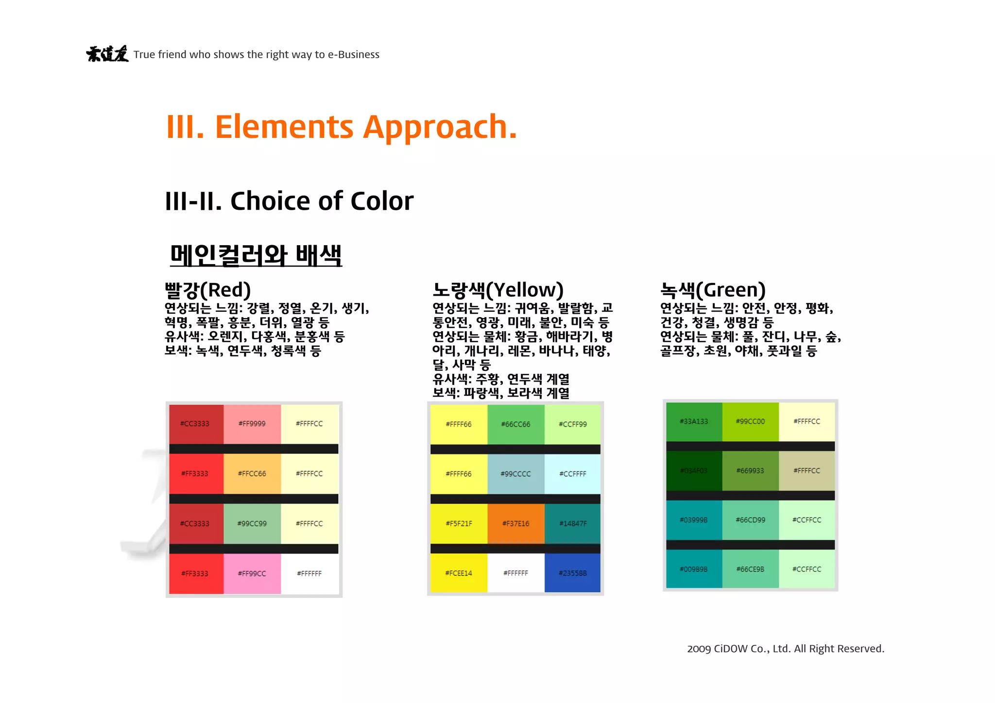 2009 CiDOW Co., Ltd. All Right Reserved.
True friend who shows the right way to e-Business
15 June 200915
III-II. Choice of Color
III. Elements Approach.
메인컬러와 배색
빨강(Red)
연상되는 느낌: 강렬, 정열, 온기, 생기,
혁명, 폭팔, 흥분, 더위, 열광 등
유사색: 오렌지, 다홍색, 분홍색 등
보색: 녹색, 연두색, 청록색 등
노랑색(Yellow)
연상되는 느낌: 귀여움, 발랄함, 교
통안전, 영광, 미래, 불안, 미숙 등
연상되는 물체: 황금, 해바라기, 병
아리, 개나리, 레몬, 바나나, 태양,
달, 사막 등
유사색: 주황, 연두색 계열
보색: 파랑색, 보라색 계열
녹색(Green)
연상되는 느낌: 안전, 안정, 평화,
건강, 청결, 생명감 등
연상되는 물체: 풀, 잔디, 나무, 숲,
골프장, 초원, 야채, 풋과일 등
 