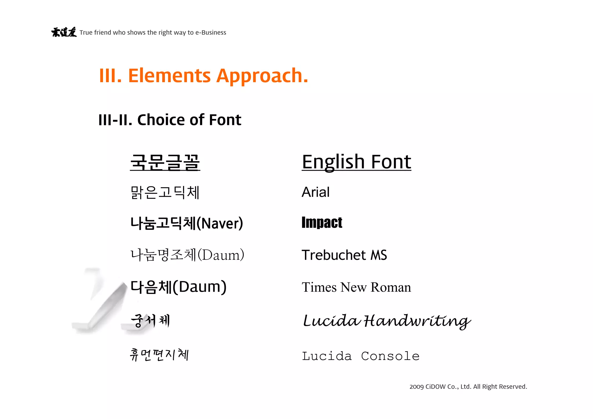 2009 CiDOW Co., Ltd. All Right Reserved.
True friend who shows the right way to e-Business
15 June 200916
III-II. Choice of Font
III. Elements Approach.
맑은고딕체
나눔고딕체(Naver)
다음체(Daum)
나눔명조체(Daum)
궁서체
국문글꼴 English Font
Arial
Impact
Times New Roman
Trebuchet MS
Lucida Handwriting
휴먼편지체 Lucida Console
 