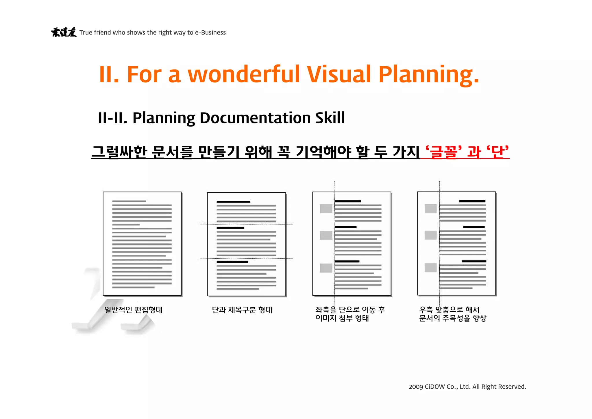 2009 CiDOW Co., Ltd. All Right Reserved.
True friend who shows the right way to e-Business
15 June 20095
II. For a wonderful Visual Planning.
II-II. Planning Documentation Skill
그럴싸한 문서를 만들기 위해 꼭 기억해야 할 두 가지 ‘글꼴’ 과 ‘단’
일반적인 편집형태 단과 제목구분 형태 좌측을 단으로 이동 후
이미지 첨부 형태
우측 맞춤으로 해서
문서의 주목성을 향상
 