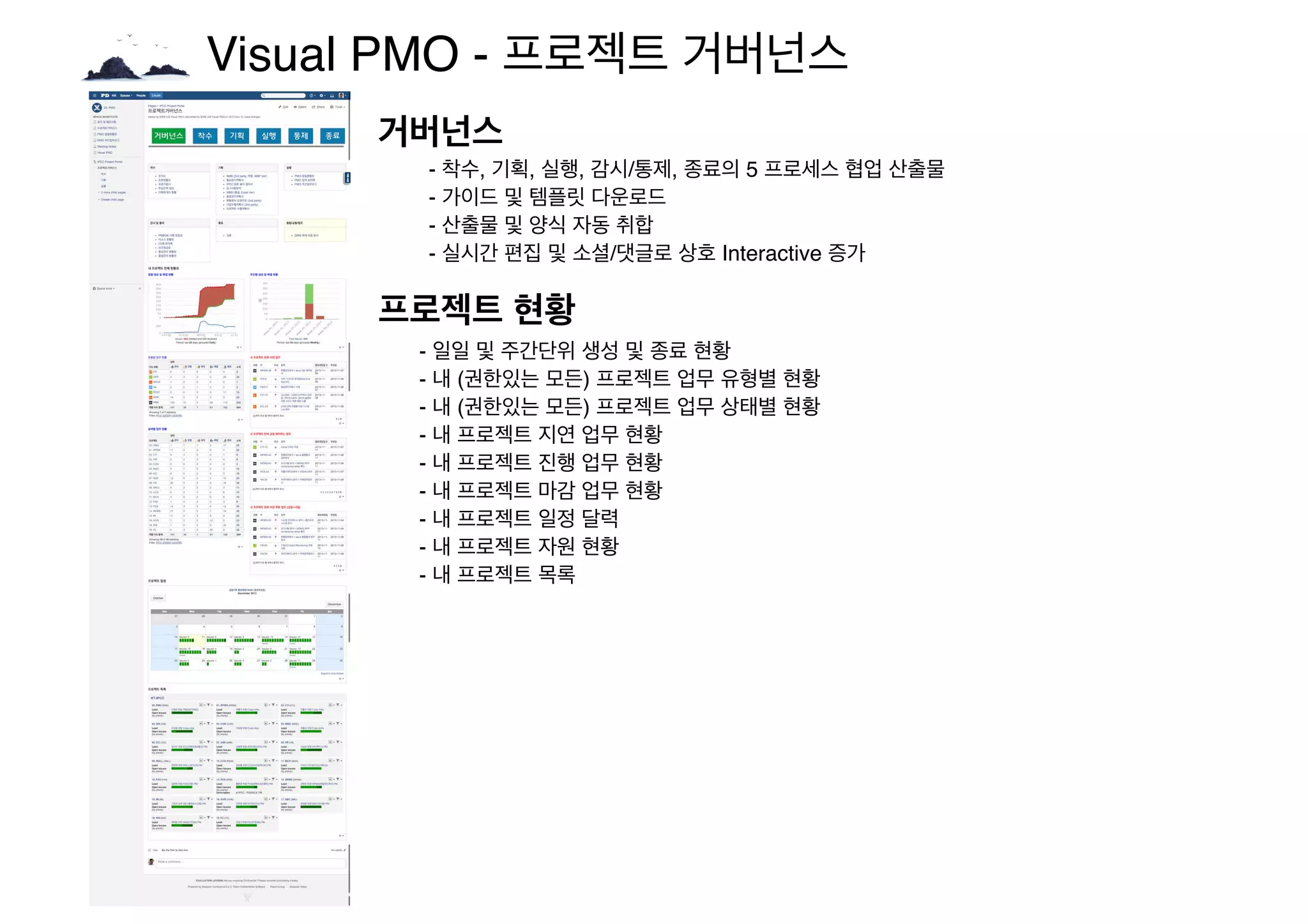 Visual PMO - 프로젝트 거버넌스
거버넌스
프로젝트 현황
- 착수, 기획, 실행, 감시/통제, 종료의 5 프로세스 협업 산출물
- 가이드 및 템플릿 다운로드
- 산출물 및 양식 자동 취합
- 실시간 편집 및 소셜/댓글로 상호 Interactive 증가
- 일일 및 주간단위 생성 및 종료 현황
- 내 (권한있는 모든) 프로젝트 업무 유형별 현황
- 내 (권한있는 모든) 프로젝트 업무 상태별 현황
- 내 프로젝트 지연 업무 현황
- 내 프로젝트 진행 업무 현황
- 내 프로젝트 마감 업무 현황
- 내 프로젝트 일정 달력
- 내 프로젝트 자원 현황
- 내 프로젝트 목록
 