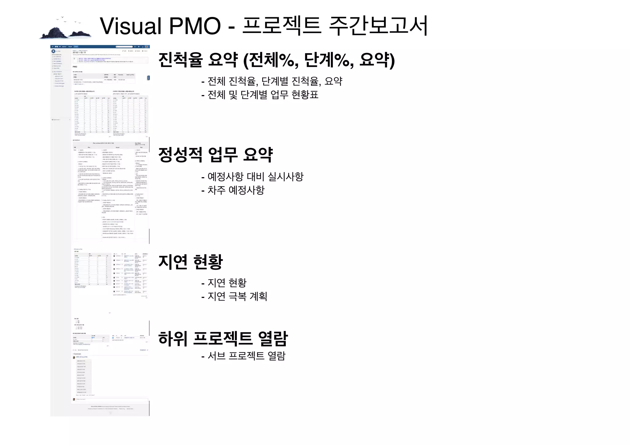 Visual PMO - 프로젝트 주간보고서
진척율 요약 (전체%, 단계%, 요약)
정성적 업무 요약
- 전체 진척율, 단계별 진척율, 요약
- 전체 및 단계별 업무 현황표
하위 프로젝트 열람
지연 현황
- 예정사항 대비 실시사항
- 차주 예정사항
- 지연 현황
- 지연 극복 계획
- 서브 프로젝트 열람
 