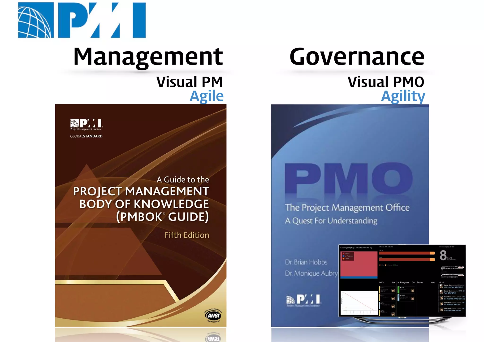 Management Governance
Visual PM Visual PMO
Agile Agility
 