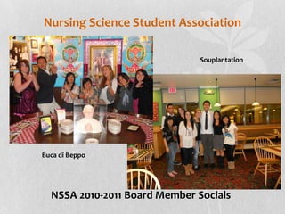 Nursing Science Student Association

                               Souplantation




Buca di Beppo




  NSSA 2010-2011 Board Member Socials
 
