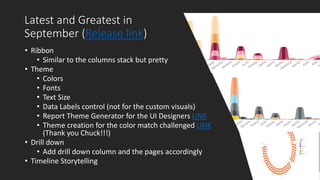 Latest and Greatest in
September (Release link)
• Ribbon
• Similar to the columns stack but pretty
• Theme
• Colors
• Fonts
• Text Size
• Data Labels control (not for the custom visuals)
• Report Theme Generator for the UI Designers LINK
• Theme creation for the color match challenged LINK
(Thank you Chuck!!!)
• Drill down
• Add drill down column and the pages accordingly
• Timeline Storytelling
 