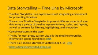 Data Storytelling – Time Line by Microsoft
• Timeline Storyteller is an expressive visual storytelling environment
for presenting timelines.
• You can use Timeline Storyteller to present different aspects of your
data using a palette of timeline representations, scales, and layouts,
as well as controls for filtering, highlighting, and annotation
• Combine pictures in the story
• The by far most pretty custom visual is the timeline storyteller,
information can be found here: LINK
• There is a Timeline Storyteller Contests Sep 5-18 LINK
• https://timelinesrevisited.github.io/
 