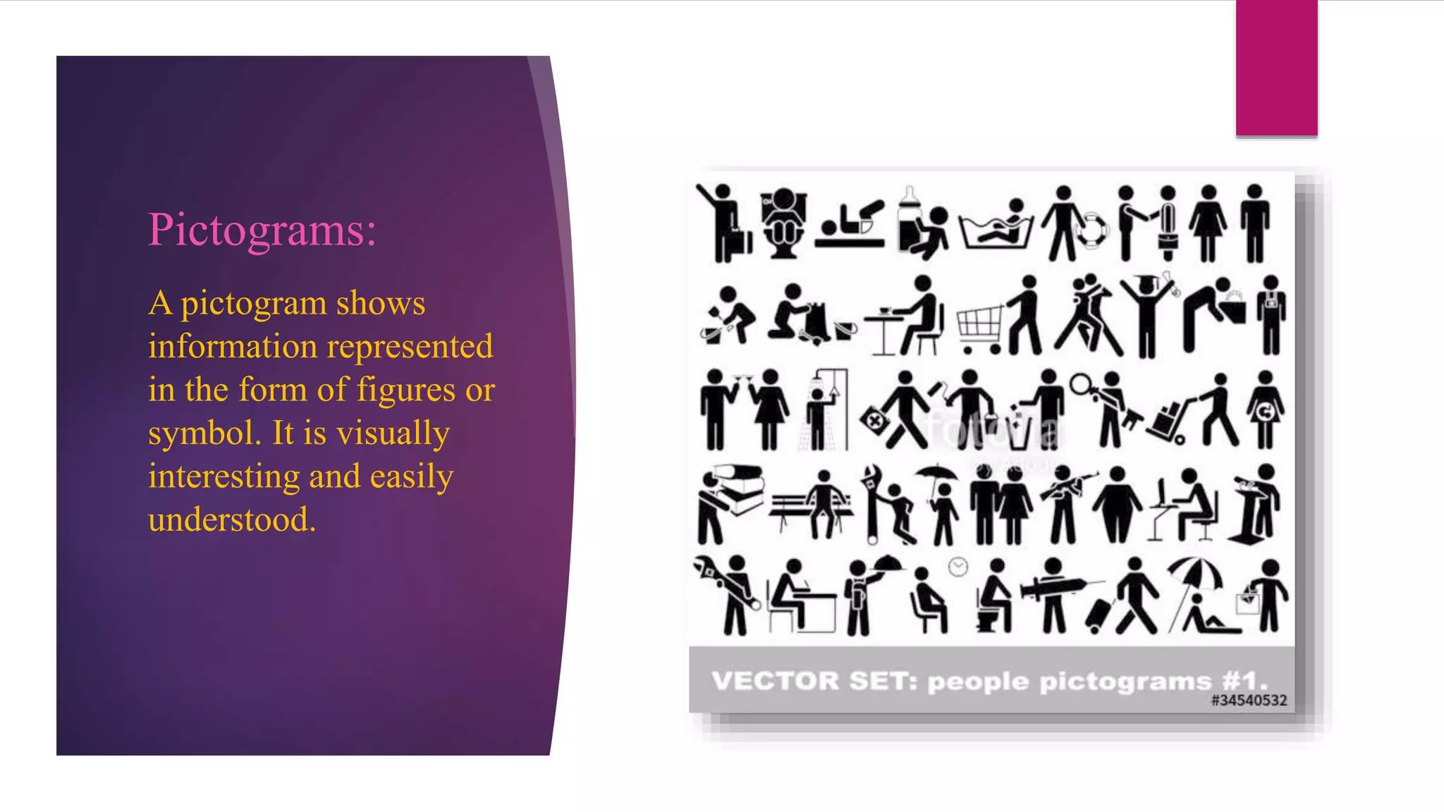 Pictograms:
A pictogram shows
information represented
in the form of figures or
symbol. It is visually
interesting and easily
understood.
 