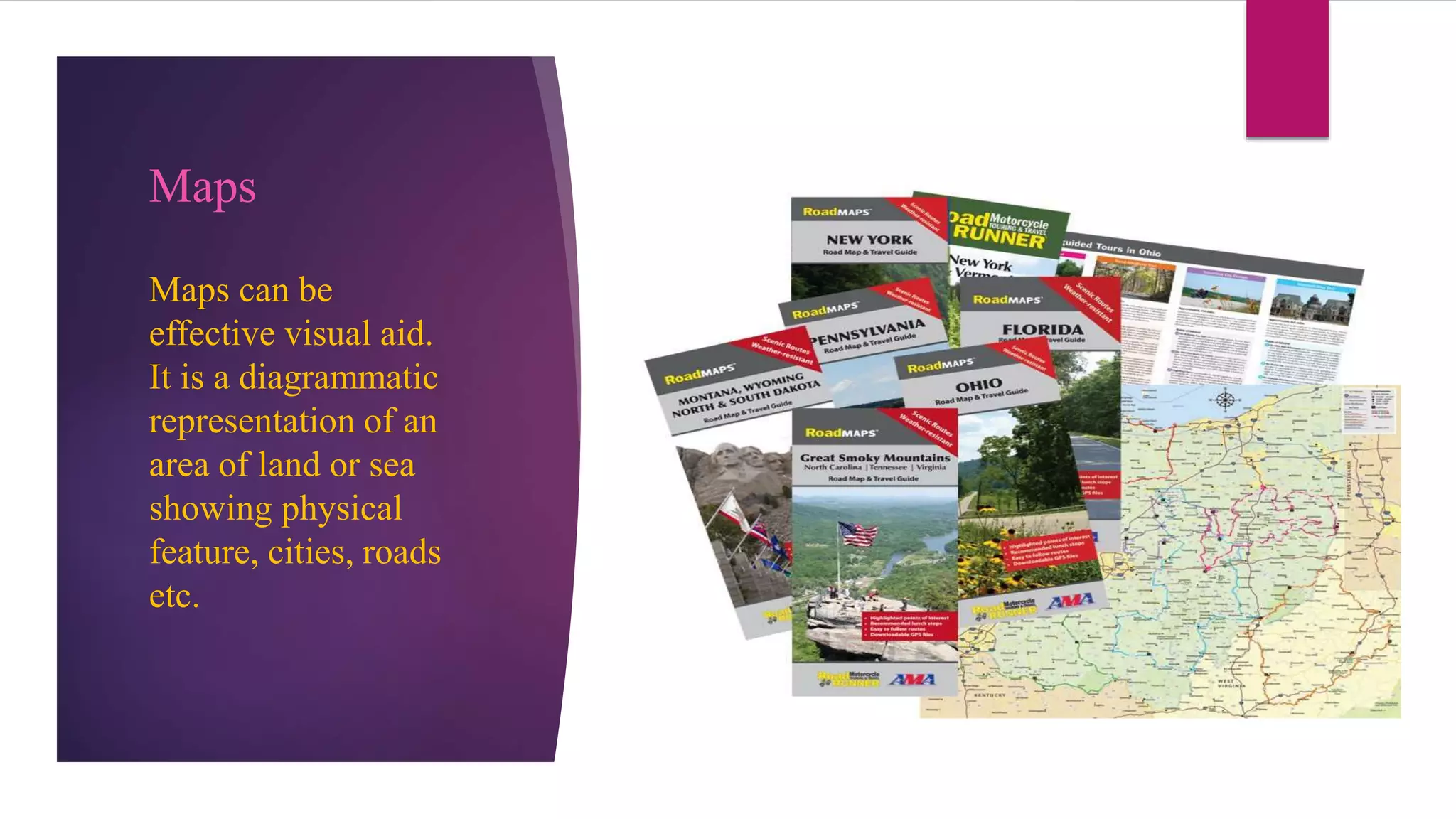 Maps
Maps can be
effective visual aid.
It is a diagrammatic
representation of an
area of land or sea
showing physical
feature, cities, roads
etc.
 
