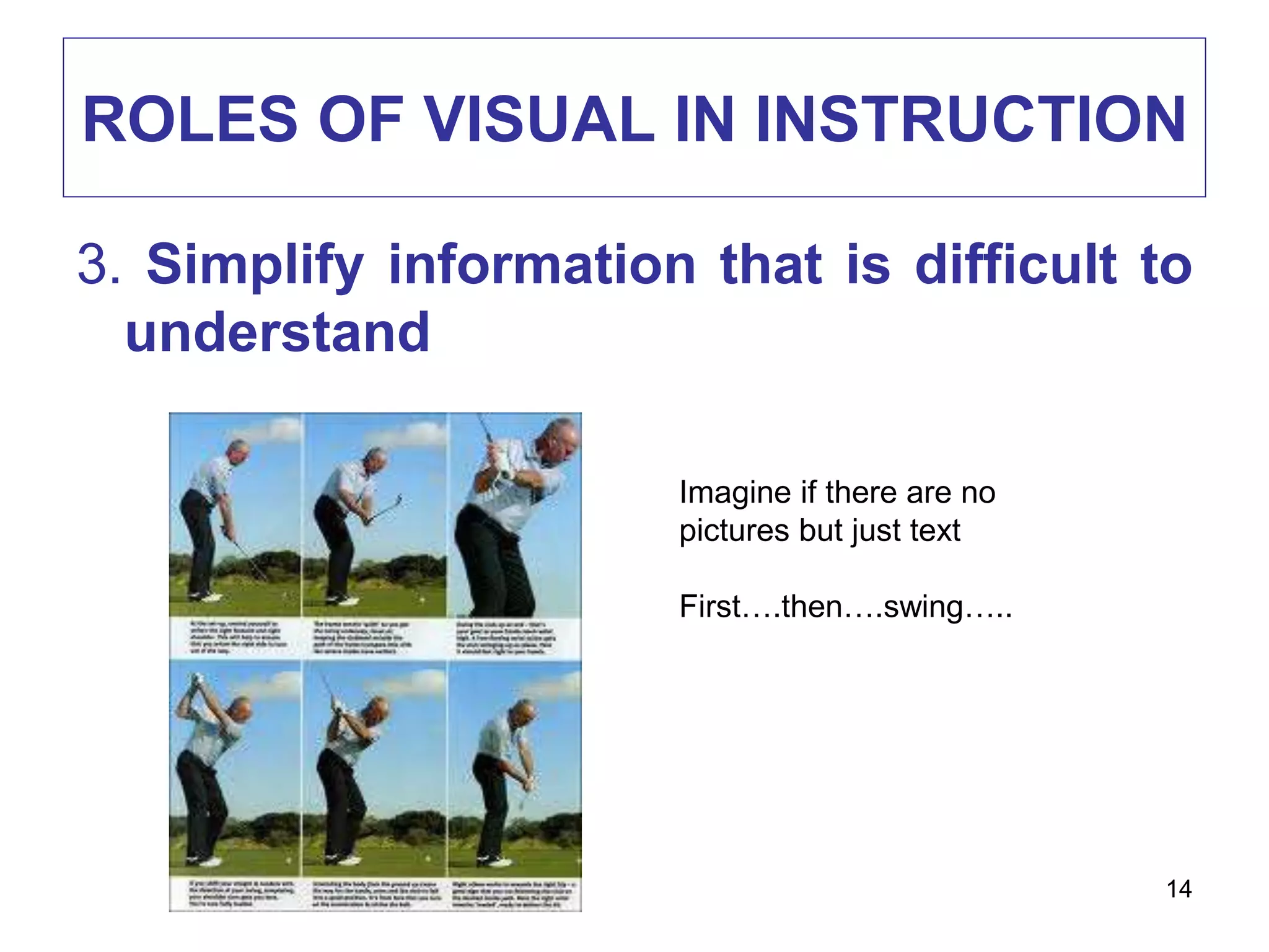 ROLES OF VISUAL IN INSTRUCTION
3. Simplify information that is difficult to
understand
Imagine if there are no
pictures but just text
First….then….swing…..
14
 