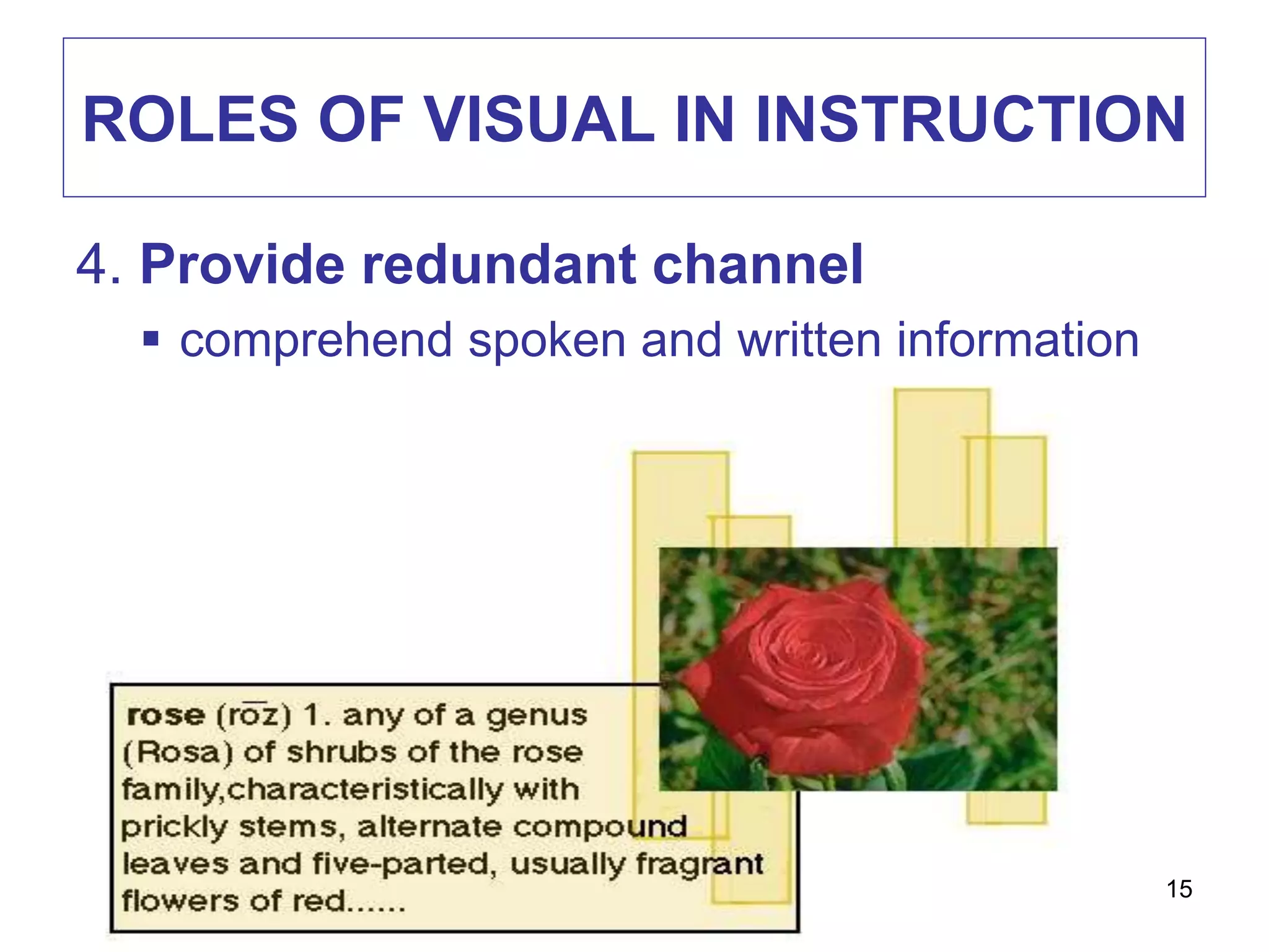 ROLES OF VISUAL IN INSTRUCTION
4. Provide redundant channel
 comprehend spoken and written information
15
 