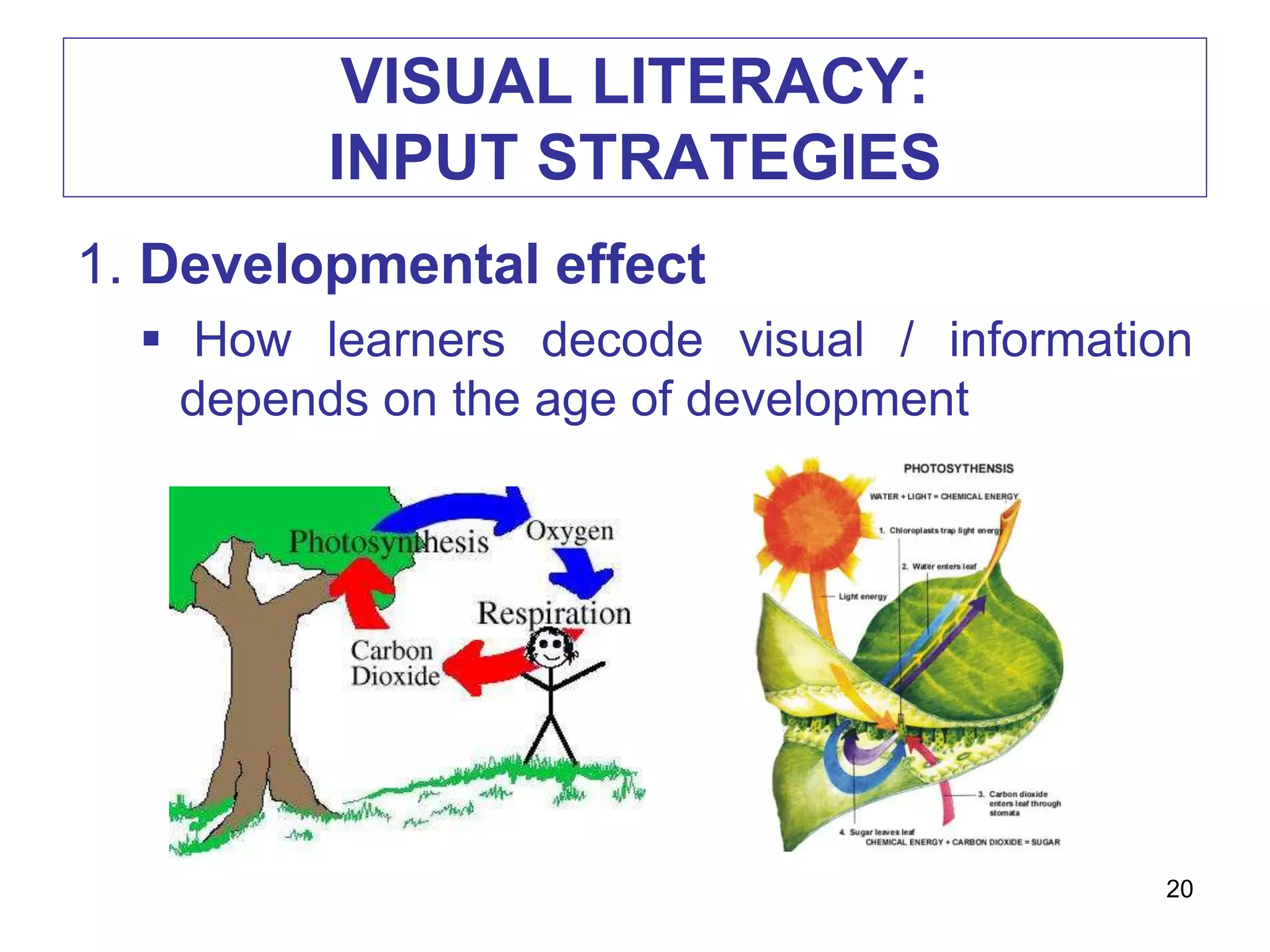 VISUAL LITERACY:
INPUT STRATEGIES
1. Developmental effect
 How learners decode visual / information
depends on the age of development
20
 
