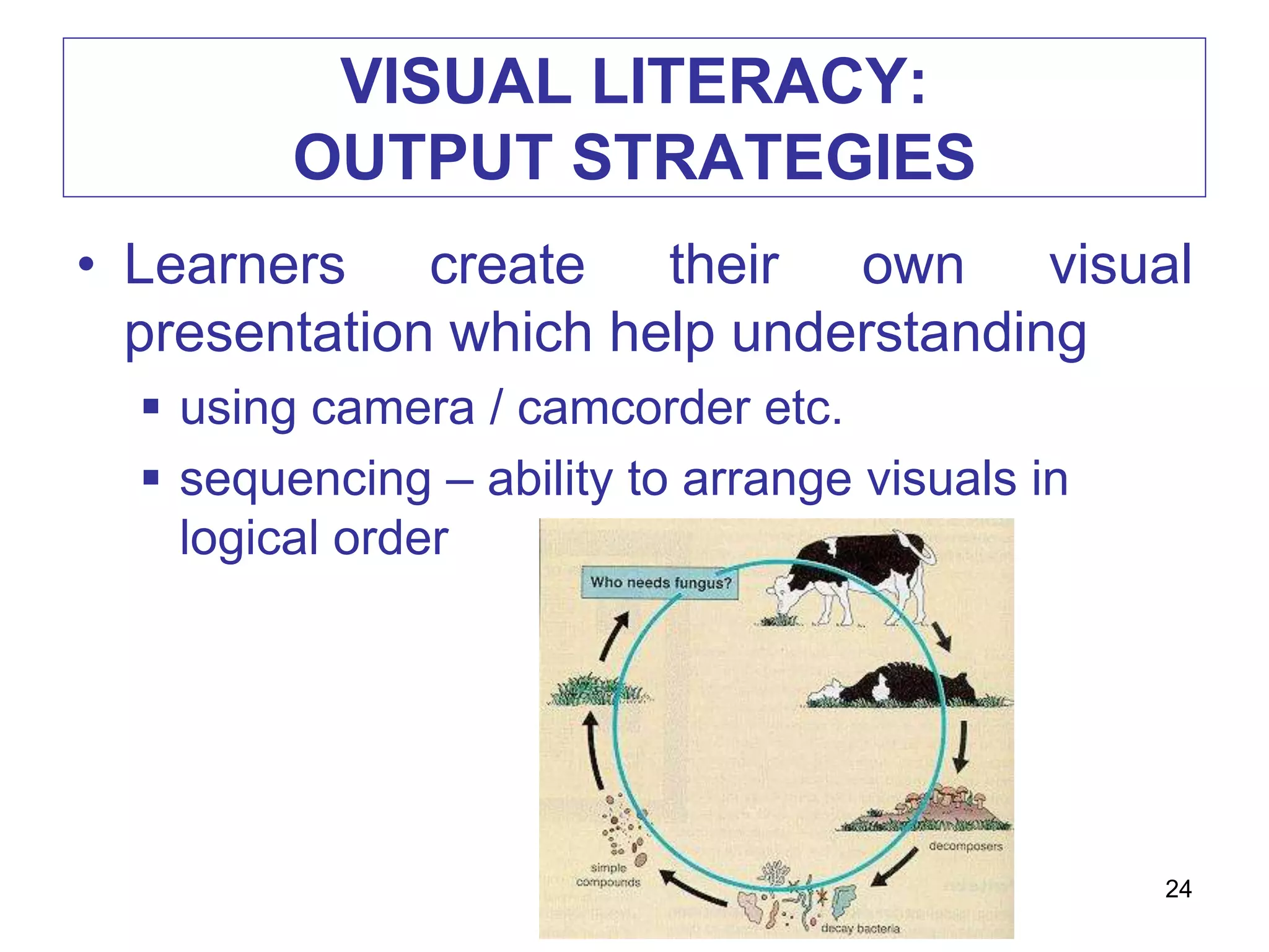 VISUAL LITERACY:
OUTPUT STRATEGIES
• Learners create their own visual
presentation which help understanding
 using camera / camcorder etc.
 sequencing – ability to arrange visuals in
logical order
24
 