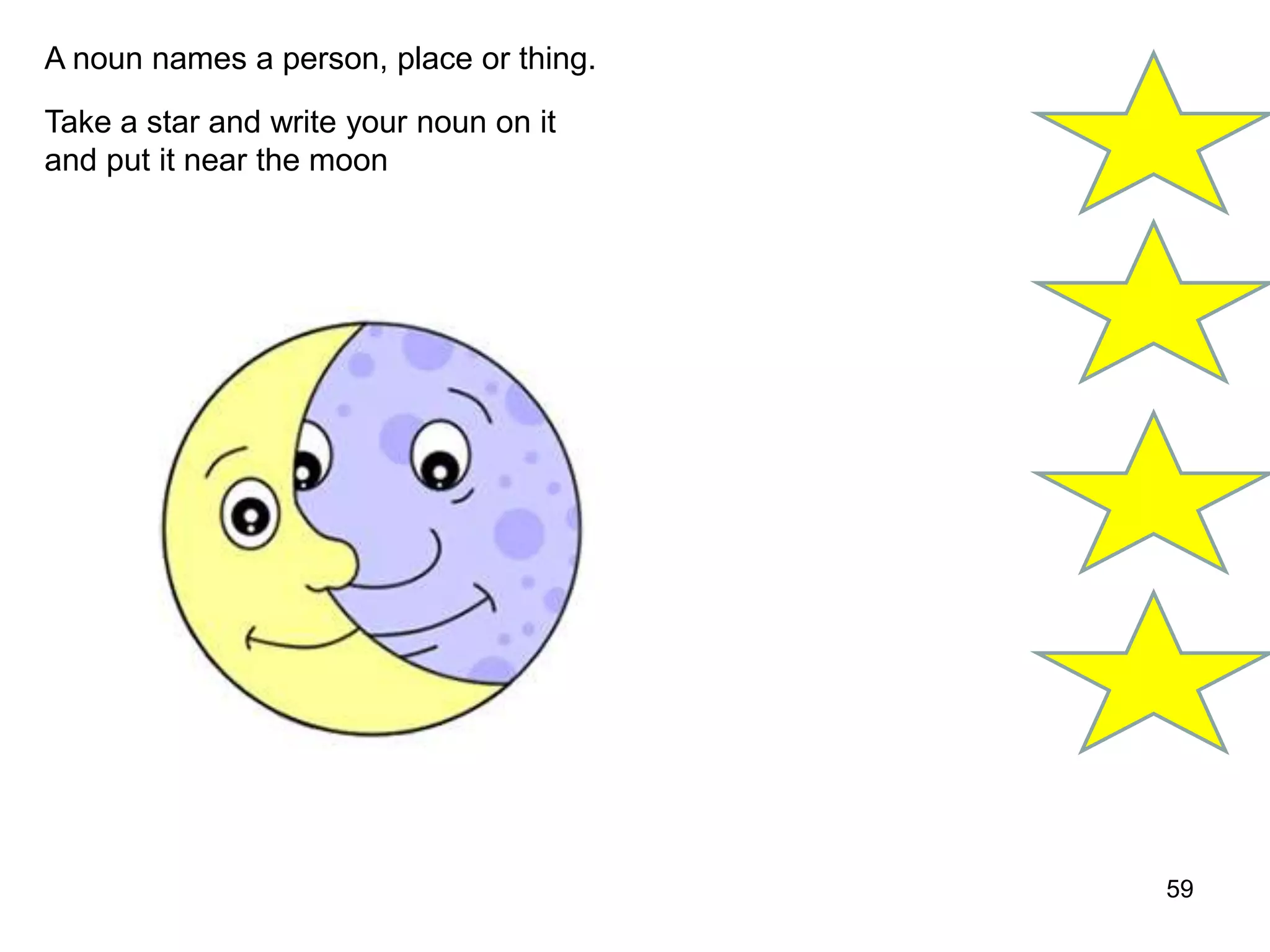 59
A noun names a person, place or thing.
Take a star and write your noun on it
and put it near the moon
 