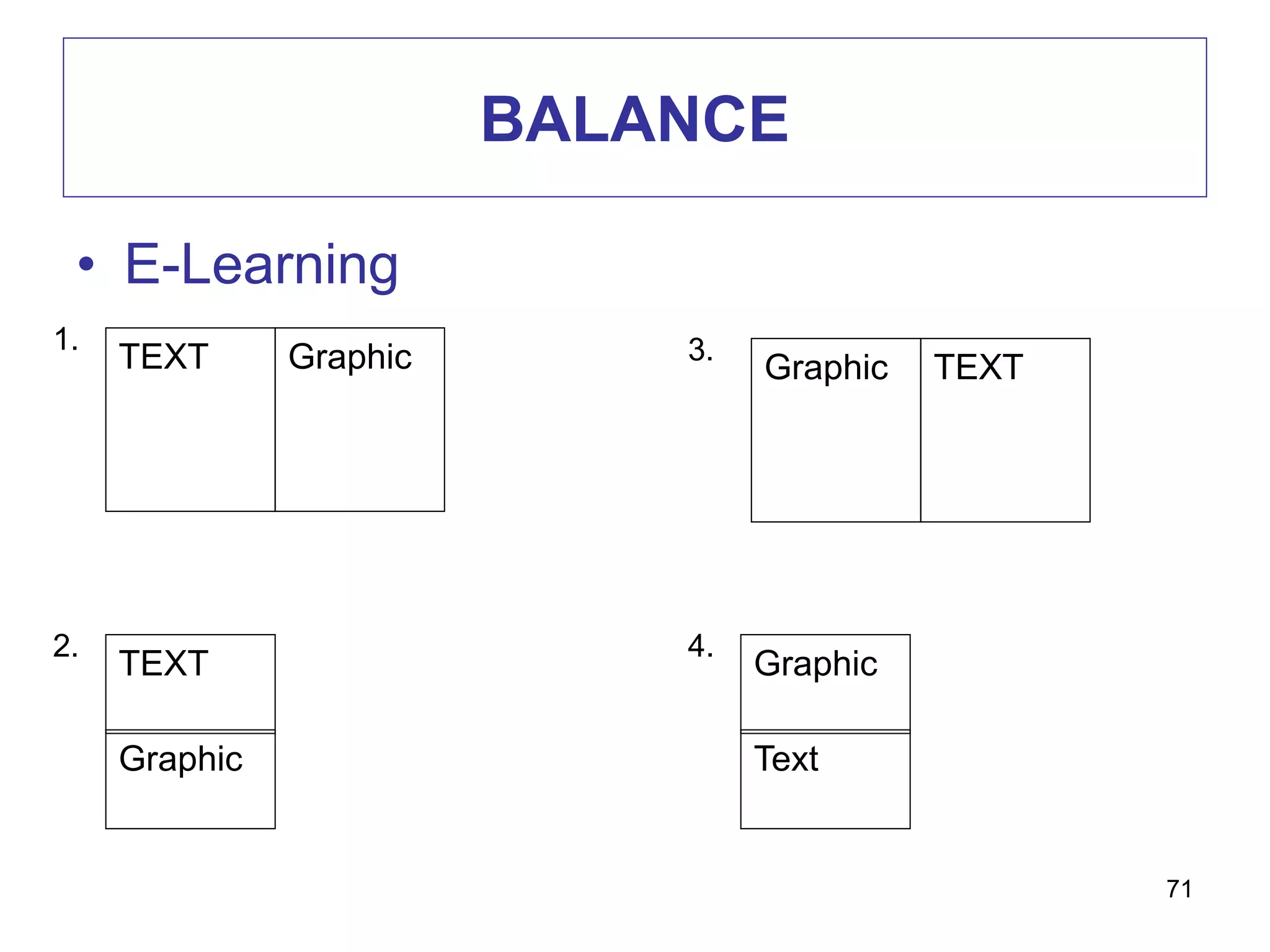 BALANCE
• E-Learning
71
TEXT Graphic
1.
TEXT
Graphic
2.
TEXTGraphic
3.
Graphic
Text
4.
 