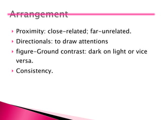 Proximity: close-related; far-unrelated. Directionals: to draw attentions figure-Ground contrast: dark on light or vice versa. Consistency. 