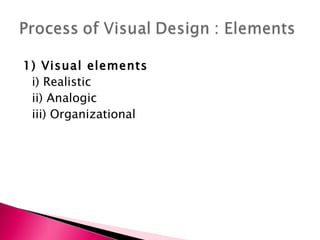 1) Visual elements i) Realistic ii) Analogic iii) Organizational 