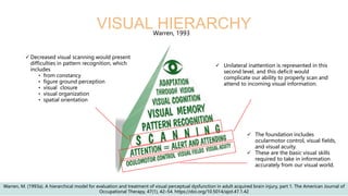 VISUAL HIERARCHY
Warren, 1993
✓ The foundation includes
ocularmotor control, visual fields,
and visual acuity.
✓ These are the basic visual skills
required to take in information
accurately from our visual world.
✓ Unilateral inattention is represented in this
second level, and this deficit would
complicate our ability to properly scan and
attend to incoming visual information.
✓ Decreased visual scanning would present
difficulties in pattern recognition, which
includes
• from constancy
• figure ground perception
• visual closure
• visual organization
• spatial orientation
Warren, M. (1993a). A hierarchical model for evaluation and treatment of visual perceptual dysfunction in adult acquired brain injury, part 1. The American Journal of
Occupational Therapy, 47(1), 42–54. https://doi.org/10.5014/ajot.47.1.42
 