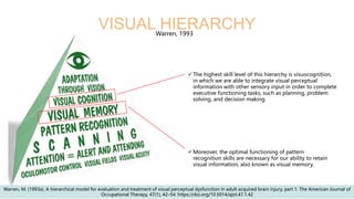 VISUAL HIERARCHY
Warren, 1993
✓ Moreover, the optimal functioning of pattern
recognition skills are necessary for our ability to retain
visual information, also known as visual memory.
✓ The highest skill level of this hierarchy is visuocognition,
in which we are able to integrate visual perceptual
information with other sensory input in order to complete
executive functioning tasks, such as planning, problem
solving, and decision making.
Warren, M. (1993a). A hierarchical model for evaluation and treatment of visual perceptual dysfunction in adult acquired brain injury, part 1. The American Journal of
Occupational Therapy, 47(1), 42–54. https://doi.org/10.5014/ajot.47.1.42
 