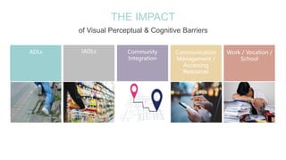 THE IMPACT
of Visual Perceptual & Cognitive Barriers
ADLs IADLs Community
Integration
Communication
Management /
Accessing
Resources
Work / Vocation /
School
 