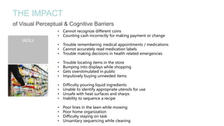 THE IMPACT
of Visual Perceptual & Cognitive Barriers
IADLs
• Cannot recognize different coins
• Counting cash incorrectly for making payment or change
• Trouble remembering medical appointments / medications
• Cannot accurately read medication labels
• Trouble making decisions in health related emergencies
• Trouble locating items in the store
• Bumping into displays while shopping
• Gets overstimulated in public
• Impulsively buying unneeded items
• Difficulty pouring liquid ingredients
• Unable to identify appropriate utensils for use
• Unsafe with heat surfaces and sharps
• Inability to sequence a recipe
• Poor lines in the lawn while mowing
• Poor home organization
• Difficulty staying on task
• Unsanitary sequencing while cleaning
 