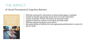 THE IMPACT
of Visual Perceptual & Cognitive Barriers
Communication
Management /
Accessing
Resources
• Difficulty scanning for information on phone book pages or websites
• Unable to identify appropriate search terms to locate information
• Cannot remember contact information for personal needs
• Unable to attend to a phone conversation and take notes
• Difficulty sequencing apps on your phone
• Decreased ability to identify the most appropriate professional to contact for
person needs
 