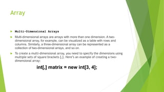 Array
 Multi-Dimensional Arrays
 Multi-dimensional arrays are arrays with more than one dimension. A two-
dimensional array, for example, can be visualized as a table with rows and
columns. Similarly, a three-dimensional array can be represented as a
collection of two-dimensional arrays, and so on.
 To create a multi-dimensional array, you need to specify the dimensions using
multiple sets of square brackets [,]. Here’s an example of creating a two-
dimensional array:
int[,] matrix = new int[3, 4];
 