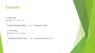 Example
// Outer loop
for (int i = 1; i <= 2; ++i)
{
Console.WriteLine("Outer: " + i); // Executes 2 times
// Inner loop
for (int j = 1; j <= 3; j++)
{
Console.WriteLine(" Inner: " + j); // Executes 6 times (2 * 3)
}
}
 
