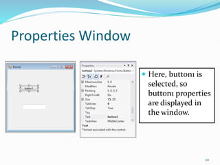 Properties Window
 Here, button1 is
selected, so
button1 properties
are displayed in
the window.
20
 