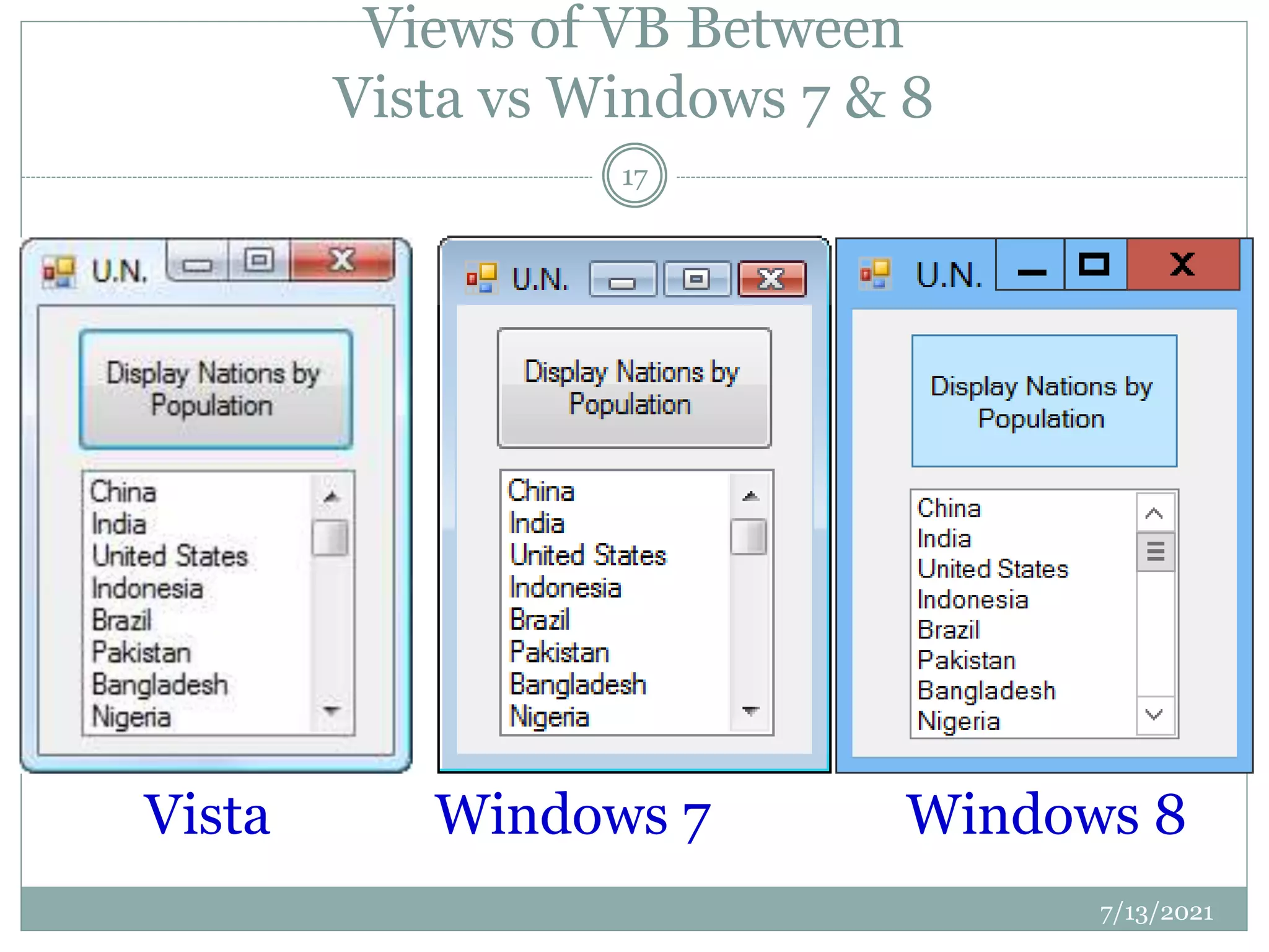 Views of VB Between
Vista vs Windows 7 & 8
7/13/2021
17
Vista Windows 7 Windows 8
 