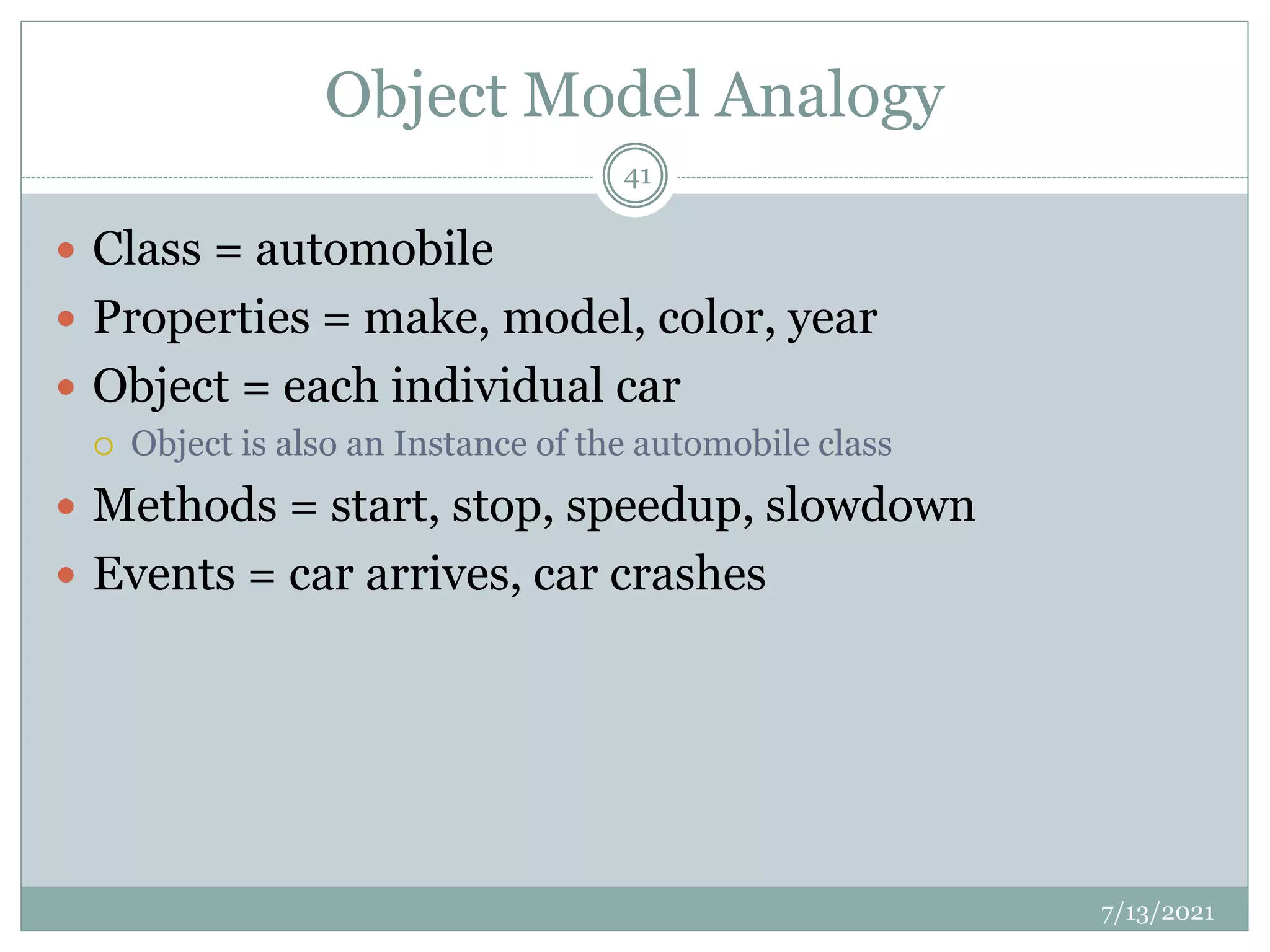 Object Model Analogy
 Class = automobile
 Properties = make, model, color, year
 Object = each individual car
 Object is also an Instance of the automobile class
 Methods = start, stop, speedup, slowdown
 Events = car arrives, car crashes
7/13/2021
41
 