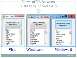 Views of VB Between
Vista vs Windows 7 & 8
7/13/2021
17
Vista Windows 7 Windows 8
 