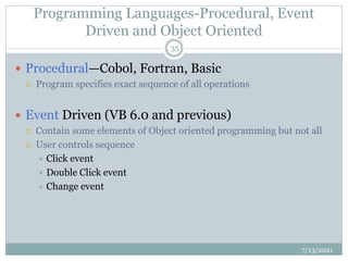 Programming Languages-Procedural, Event
Driven and Object Oriented
 Procedural—Cobol, Fortran, Basic
 Program specifies exact sequence of all operations
 Event Driven (VB 6.0 and previous)
 Contain some elements of Object oriented programming but not all
 User controls sequence
 Click event
 Double Click event
 Change event
7/13/2021
35
 
