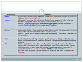 Terminology Definition
Object A thing – like a noun in English. Examples include forms and controls you place on forms such
as buttons, text boxes, and icons.
Property Objects have properties – like adjectives in English. Properties describe object behaviors.
Examples of properties include Text, Name, BackColor, Font, and Size.
Refer to a property by the notation ObjectName.PropertyName (use the .dot notation) –
example: TotalDueTextBox.Text or AccountLabel.ForeColor.
Method Like a verb in English – these are the actions that objects exhibit. Examples include methods to
Show and Hide forms and methods to Print and Close forms.
Refer to a method with the notation ObjectName.MethodName – example Me.Close will close
the current form.
Event Events are actions usually triggered by the system user such as clicking a button; however,
events can also be triggered by the actions of objects. For example, closing a form can trigger
an event.
Class This is a really abstract term – it is a sort of template for an object. For example, all forms
belong to the Form class of object. All buttons belong to the Button class of object. Classes
include definitions for object properties, methods, and associated events. Each class is
assigned an identifying namespace within the .NET Framework Class Library.
Each new object you create is defined based on its class – the new object is called a class
instance.
7/13/2021
40
 