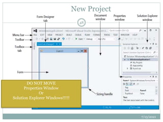 New Project
7/13/2021
48
DO NOT MOVE
Properties Window
Or
Solution Explorer Windows!!!!!
 