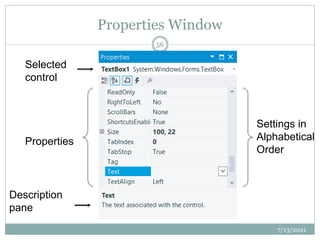 Properties Window
7/13/2021
56
Properties
Settings in
Alphabetical
Order
Selected
control
Description
pane
 