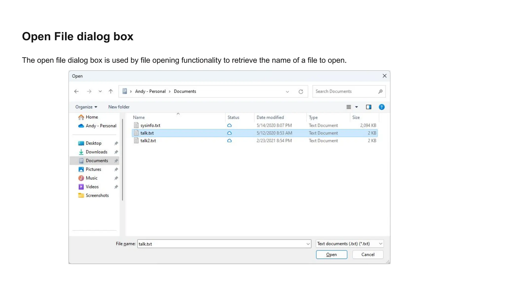 Open File dialog box
The open file dialog box is used by file opening functionality to retrieve the name of a file to open.
 