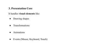 3. Presentation Core
It handles visual elements like:
● Drawing shapes
● Transformations
● Animations
● Events (Mouse, Keyboard, Touch)
 