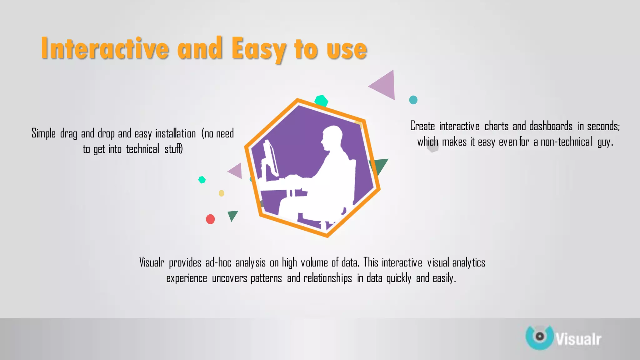Interactive and Easy to use
Simple drag and drop and easy installation (no need
to get into technical stuff)
Create interactive charts and dashboards in seconds;
which makes it easy evenfor a non-technical guy.
Visualr provides ad-hoc analysis on high volume of data. This interactive visual analytics
experience uncovers patterns and relationships in data quickly and easily.
 