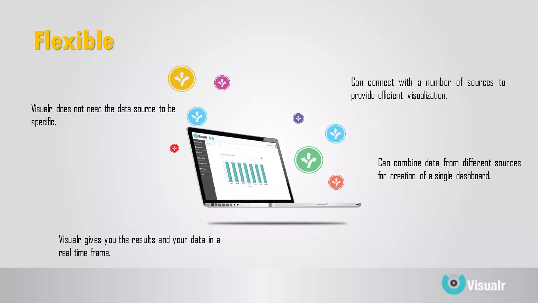 Flexible
Can connect with a number of sources to
provide efficient visualization.
Visualr does not need the data source to be
specific.
Can combine data from different sources
for creation of a single dashboard.
Visualr gives you the results and your data in a
real time frame.
 
