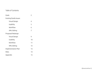 #[visual.overhaul.1]
Table of Contents
Goals
Existing Studio Issues
	 Visual Design
	Usability
	 Workflow
	 XML Editing
Pr...