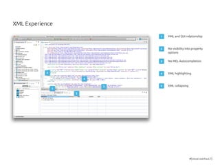 #[visual.overhaul.7]
4
1
5
2
3
1 XML and GUI relationship
2 No visibility into property
options
3 No MEL Autocompletion
4 XML highlighting
5 XML collapsing
XML Experience
 
