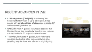 RECENT ADVANCES IN LVR
 4. Smart glasses (Oxsight®): It increasing the
horizontal field of vision to up to 68 degrees, helps
people with peripheral loss of vision due to stroke, RP
and advanced glaucoma etc.
 OXSIGHT Prism™ glasses features an occluder that
blocks external light completely, focusing your vision on
the colour-rich OLED projection on the lenses.
 The OXSIGHT Crystal™ glasses, have removable
sunglass shades that allow eye contact while also
providing help for those less tolerant to bright lighting.
 