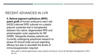 RECENT ADVANCES IN LVR
5. Retinal pigment epithelium (RPE)
patch graft of human embryonic stem cell
(hESC)-derived RPE cultured on a plastic
polymer substrate that is transplanted
between the native, degenerated RPE and
photoreceptor outer segments for RP,
ARMD, Stargardts disease patients etc
Currently undergoing preclinical research to
phase I/II clinical trials not just regarding
efficacy but also to elucidate the levels of
immunosuppression required
Stem cells in retinal regeneration: past, present and future. Conor M. Ramsden Development. 2013
Jun 15;
 