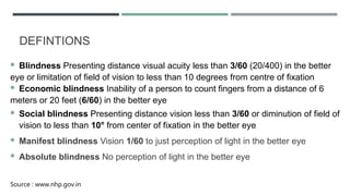 DEFINTIONS
 Blindness Presenting distance visual acuity less than 3/60 (20/400) in the better
eye or limitation of field of vision to less than 10 degrees from centre of fixation
 Economic blindness Inability of a person to count fingers from a distance of 6
meters or 20 feet (6/60) in the better eye
 Social blindness Presenting distance vision less than 3/60 or diminution of field of
vision to less than 10° from center of fixation in the better eye
 Manifest blindness Vision 1/60 to just perception of light in the better eye
 Absolute blindness No perception of light in the better eye
Source : www.nhp.gov.in
 
