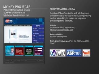 MY KEY PROJECTS
PROJECT/ SHOWTIME ARABIA        SHOWTIME ARABIA – DUBAI
DOMAIN/ WEBSITE+CMS             Developed ShowTime Arabia web site to provide
http://www.showtimearabia.com   online services to the web users including ordering
                                movies, subscribing to various packages and
                                processing online payments.

                                Website
                                ShowTime Arabia (English / Arabic)
                                http://www.showtimearabia.com

                                Responsibilities:
                                Backend Development

                                Tools & Technologies/ ASP.net, C#, SQLServer2005 ,
                                SOAP
 