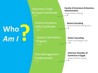 Faculty of Commerce & Business
           Electronic Trade        Administration
           & Export Certificate    www.helwan.edu.eg
           2006


             Communications          Revive Consulting




       ?
                                     www.reviveconsulting.com
             Skills Certificate
Who           2009



Am I          Tycoons Simulation
              Program
              2009
                                      Archer Consulting
                                      www.archeregypt.com




                                      American Chamber of
            Time Management           Commerce in Egypt
            Fundamentals              www.amcham.org.eg
            Now
 