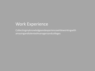 Work Experience
Collectingmyknowledgeandexperiencewhileworkingwith
amazingandtalentedmanagersandcolleges
 